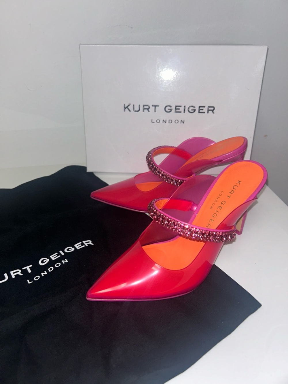 Kurt Geiger Duke Vinyl Fuchsia Rhinestone Mule Heels NIB